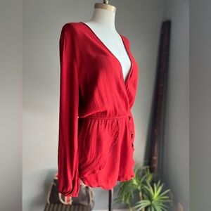 Fashion Nova Romper Red Long Sleeve V-neck Medium